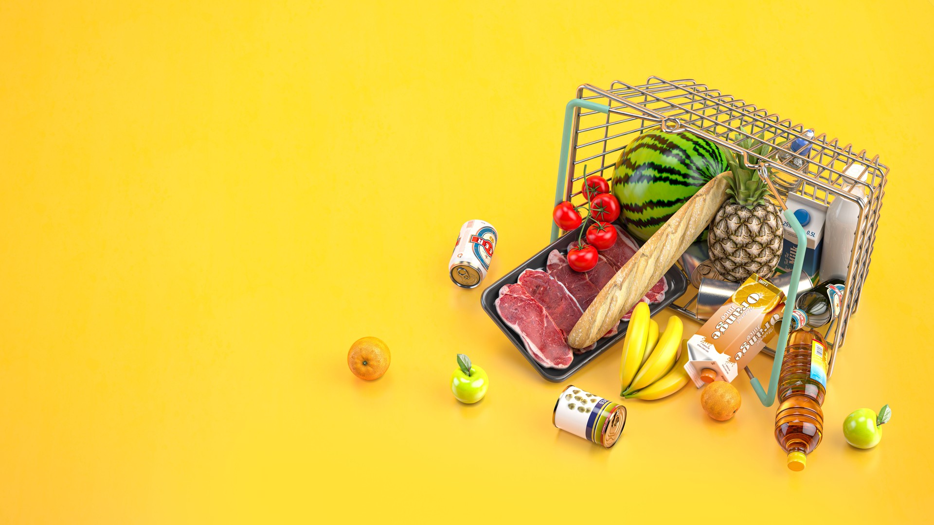 Overturned shopping basket full of variety of grocery products, food and drink ion yellow background.